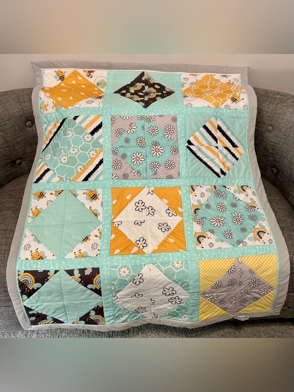 Aqua & Mustard Patchwork Baby Quilt by